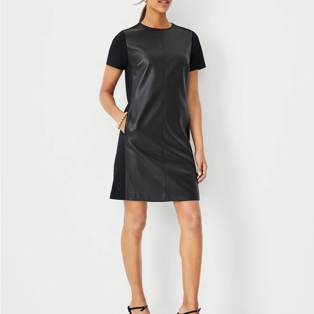 NWT Ann Taylor Black Faux Leather Mixed Media Dress, Size Petite Large